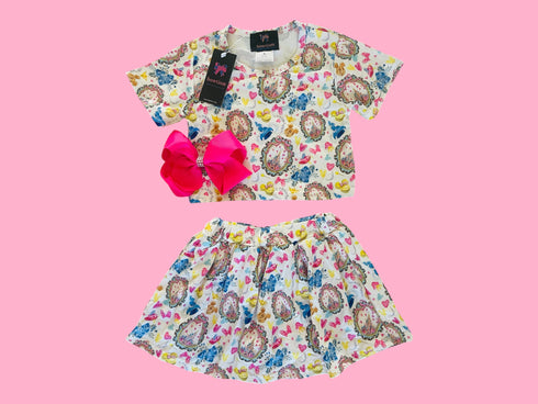 Girls Pink Watercolor Crop Top Skort Set and Matching Bow - Bowtism